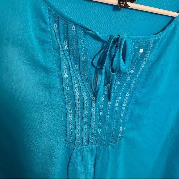 Express Sheer Blouse Peacock Blue Sequins - Picture 3 of 14
